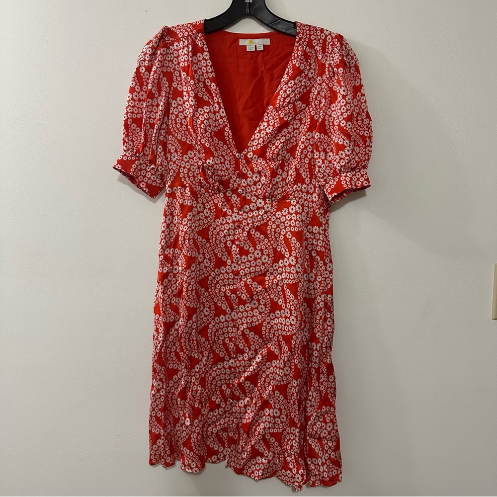 Boden Satin Midi Tea Dress In‎ Red Print Size 8
